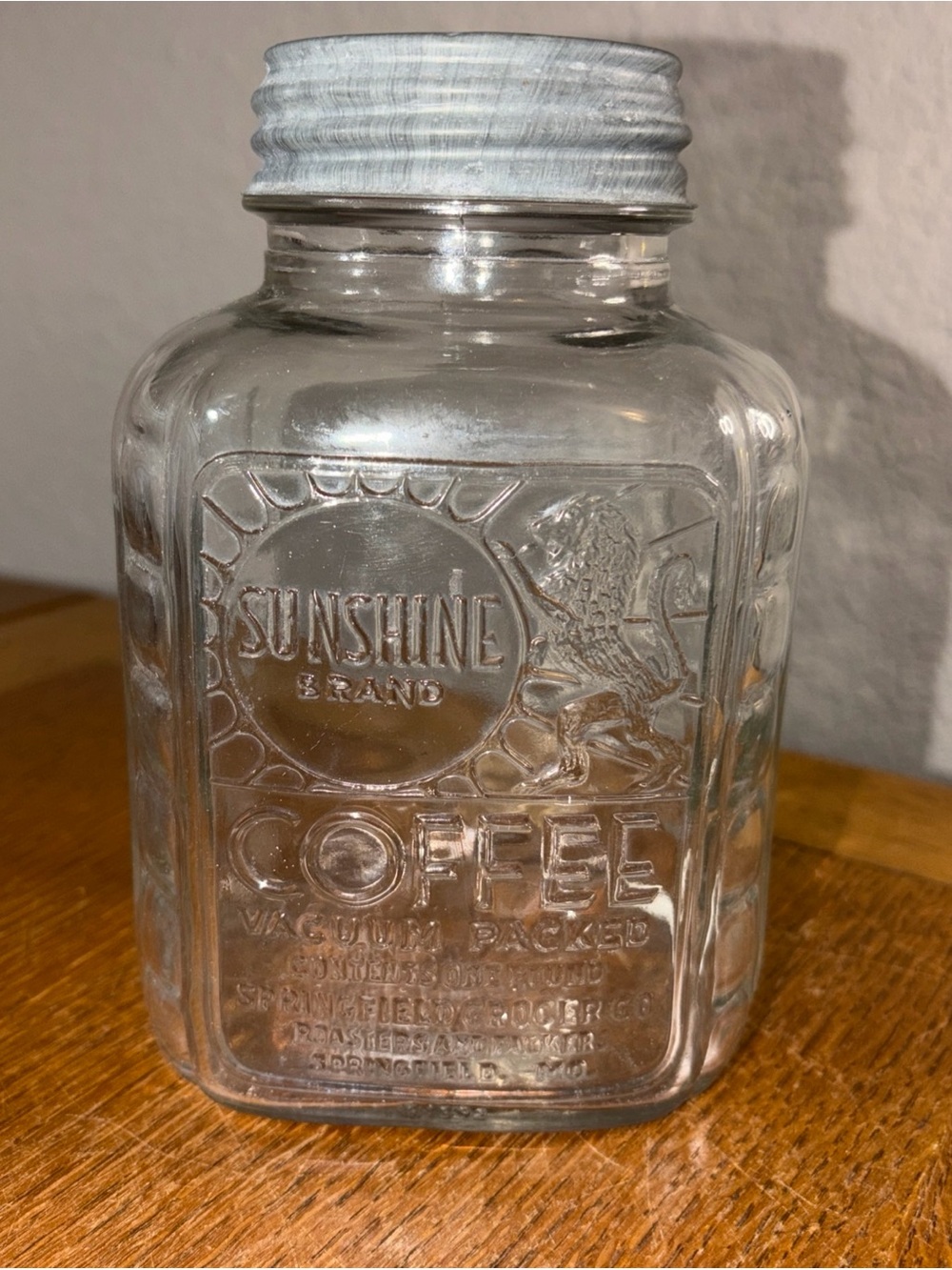 Vtg Sunshine Brand Glass Coffee Jar w/Zinc Lid Country Store Advertising